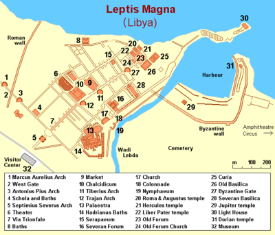 In which modern-day country is the ancient city of Leptis Magna located?