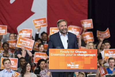 During which federal election did Mulcair lead the NDP?