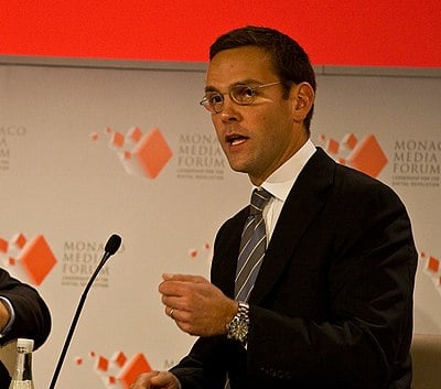 Which company did James Murdoch rejoin as chairman after its merger with its Italian and German sister companies?
