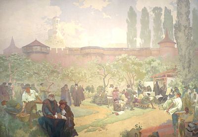 In which city did Mucha present the Slav Epic?