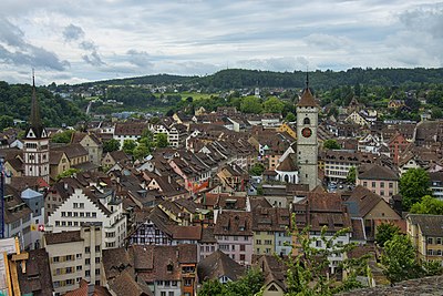 Which of these towns is not located on the northern side of the Rhine in Switzerland?