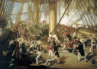 Which ship was Nelson commanding during the Battle of Trafalgar?