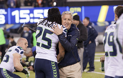 How many seasons in a row did the Seahawks lead the league in scoring defense during Sherman's time?