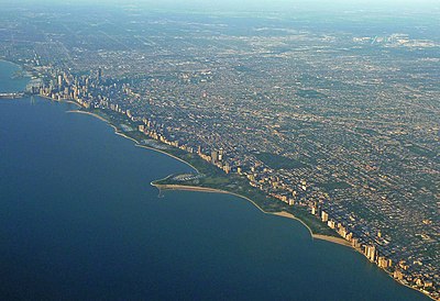 Could you please share with me the percentage of Chicago's area that is occupied by water?