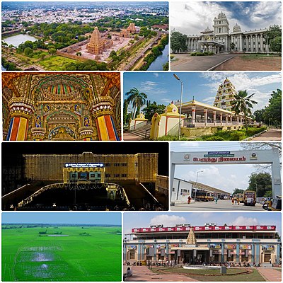 Which seaport is 94 km away from Thanjavur?