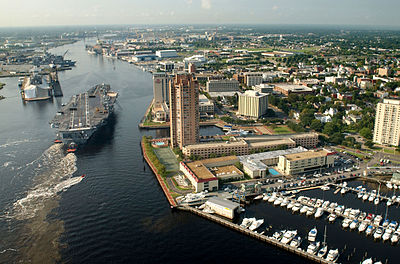 What river does Portsmouth, Virginia lie across from Norfolk?