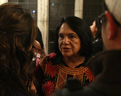 What type of music often features Dolores Huerta as a subject?