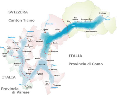 Which town is adjacent to Lugano and shares the bay of Lugano?