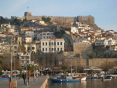 Which city is about 150 kilometers east of Kavala?