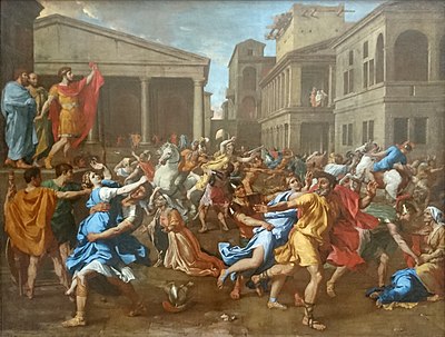 What is a common theme in Poussin's artwork?